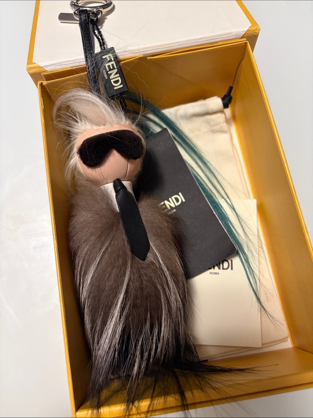 Fendi Karlito limited edition Fur Bag Charm Keychain with green Accent